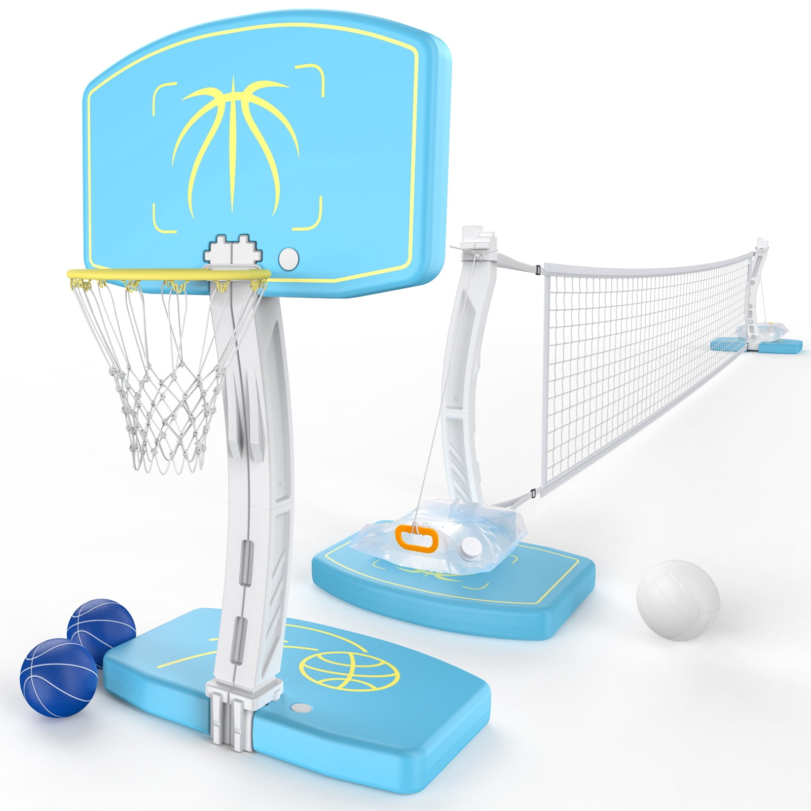 COLIKES 2-in-1 Pool Basketball Hoop Poolside and LED Volleyball Net Combo, Light up Adjustable Volleyball Net, Stainless Basketball Goal, Inground Swimming Water Sports Toy Games for Adults & Teens