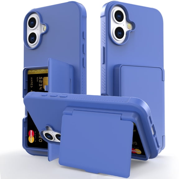 Compatible with iPhone 16 Plus Wallet Phone Case,Back Flip Kickstand,With Card Holder(Store 4-5 Cards and Folded Money),Built-in Mirror,Heavy Duty Shockproof Anti-Scratch Phone Case,Blue