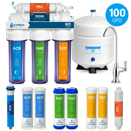 Express Water 5 Stage Under Sink Reverse Osmosis Filtration System 100 GPD RO Membrane Filter Deluxe Faucet Clear Housing Ultra Safe Residential Home Drinking Water Purification Extra Set of 4