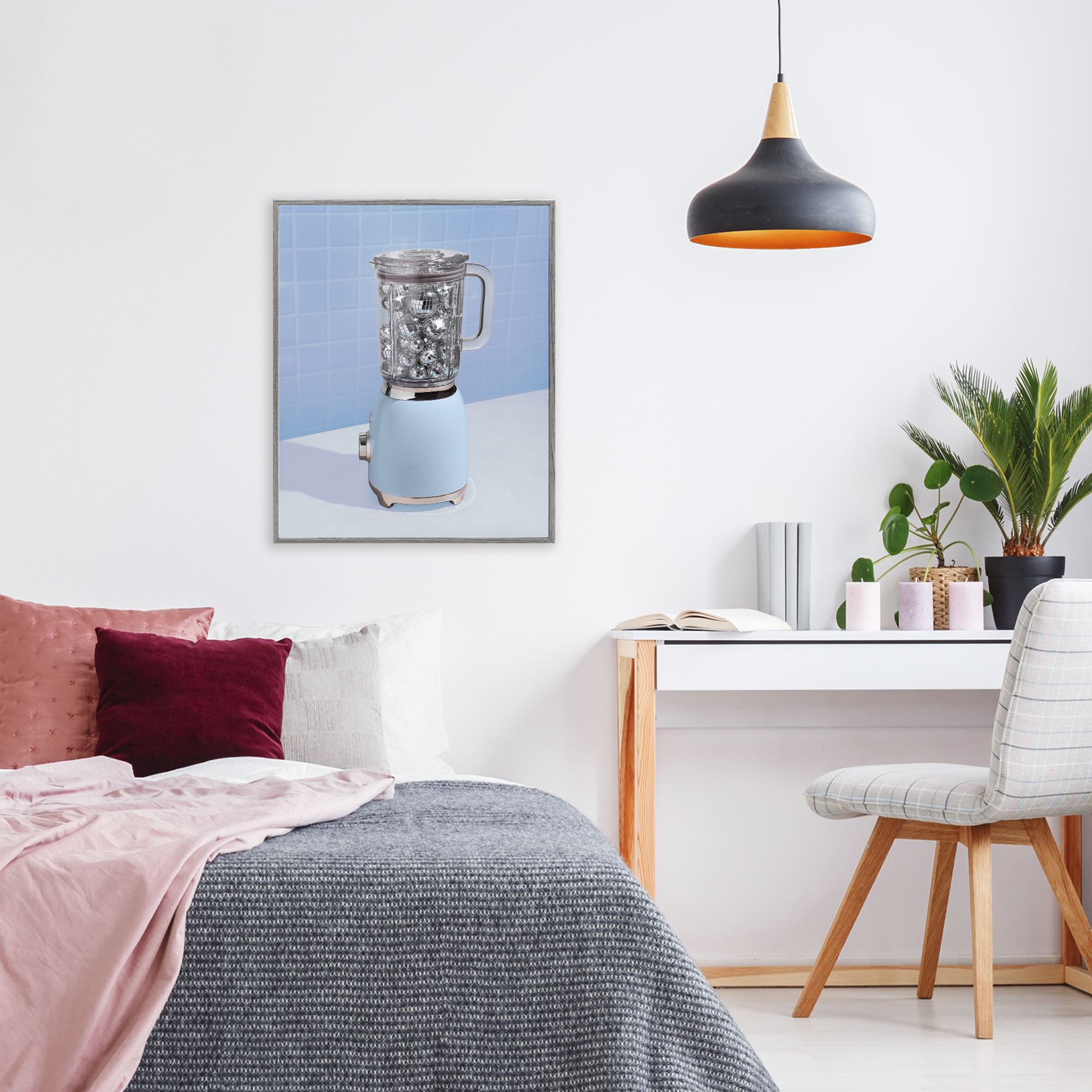 Blue Retro Disco Blender Gray Framed Giclee Art, design by LISH Creative