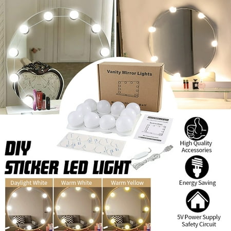 LuckyFine Vanity Mirror Lights Kit,Pretmess 3 Dimmable Color with 10 LED Light Bulbs for Vanity Table Set and Bathroom Mirror,Hollywood Style Lighting Fixture