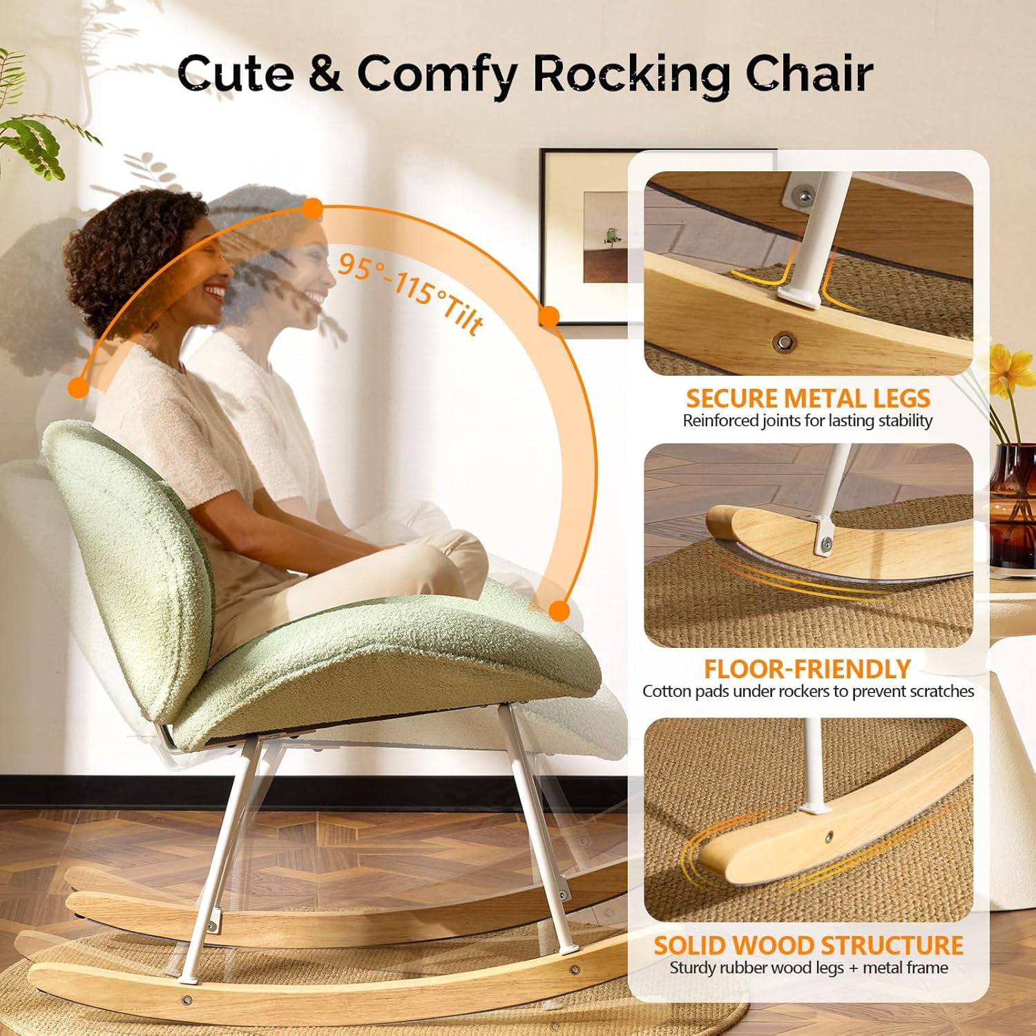WLTER 25.6" Extra Wide Criss Cross Nursery Rocking Chair,Cute Curved 115° Reclining Armless Glider,Teddy Small Rocker w/Pillow & Solid Wood for Indoor,Bedroom, Living Room,Teddy Fleece,Seafoam Green