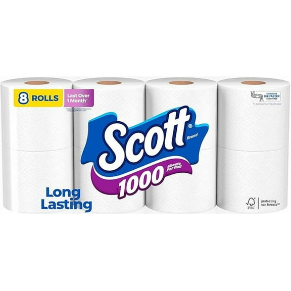 Scott 1000 Toilet Paper, 8 Rolls, Septic-Safe, 1-Ply Toilet Tissue