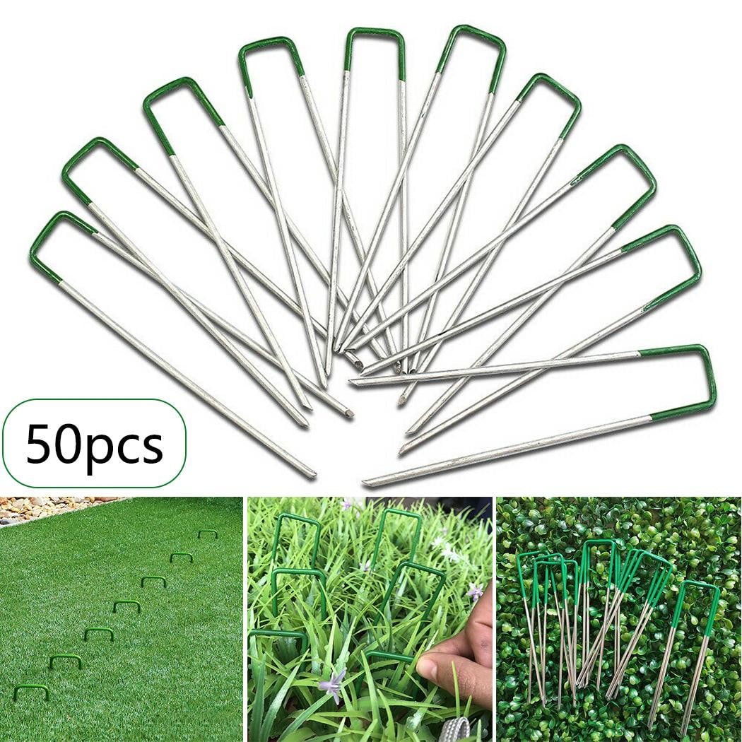 50 PACK Artificial Grass Fixings Metal Ground Pegs Pins Staples Garden Fabric 