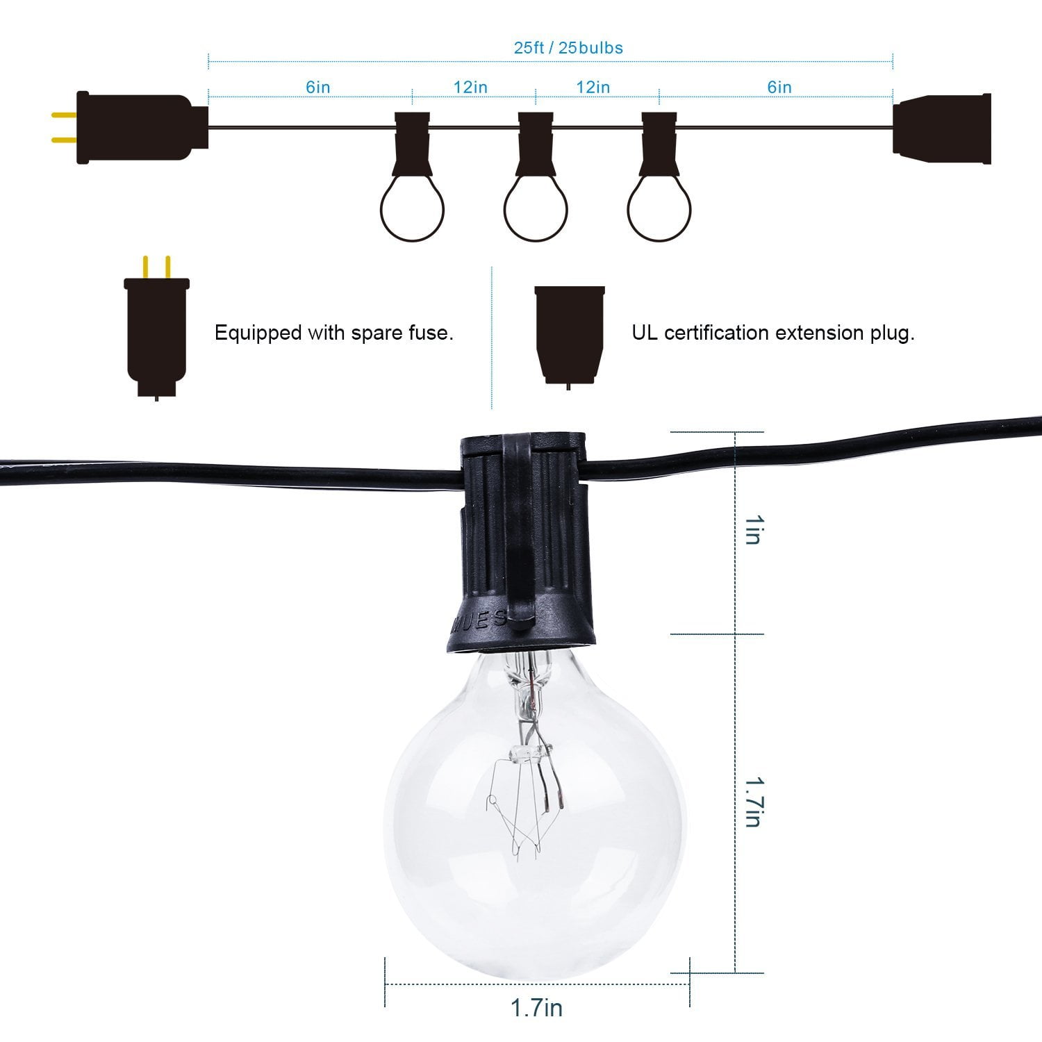 Yi Lighting 25 FT Outdoor String Lights with 25pcs Globe Bulbs Weatherproof for Bedroom Party Patio Garden Yard Deck