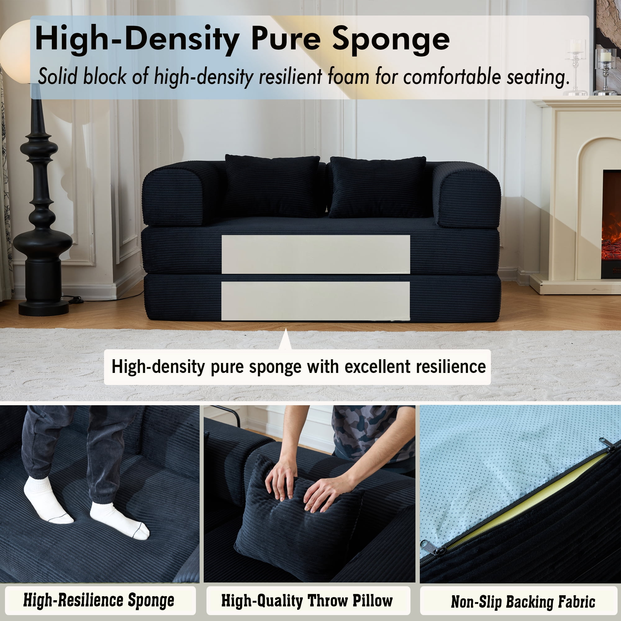 BSHTI 59" Casual Corduroy Convertible Sleeper Sofa Bed with Cylindrical Pillow, No Assembly, Small Space for Living Room（Black）