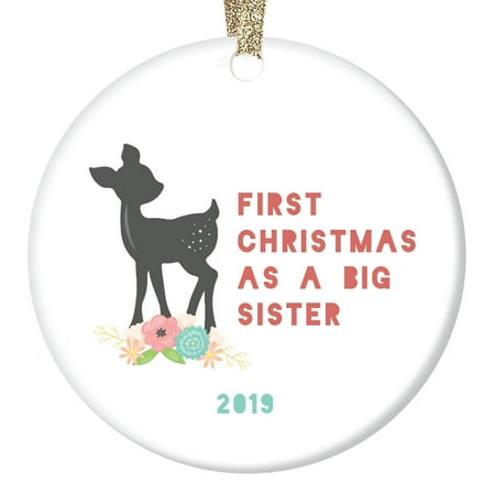 Big Surprise For Christmas Cute Fawn 1st Christmas As Big Sister 2019 Keepsake Ornament New Baby Sibling Family Adopton Gift Surprise Notice Woodland Flora & Fauna Design Sleek Ceramic 3