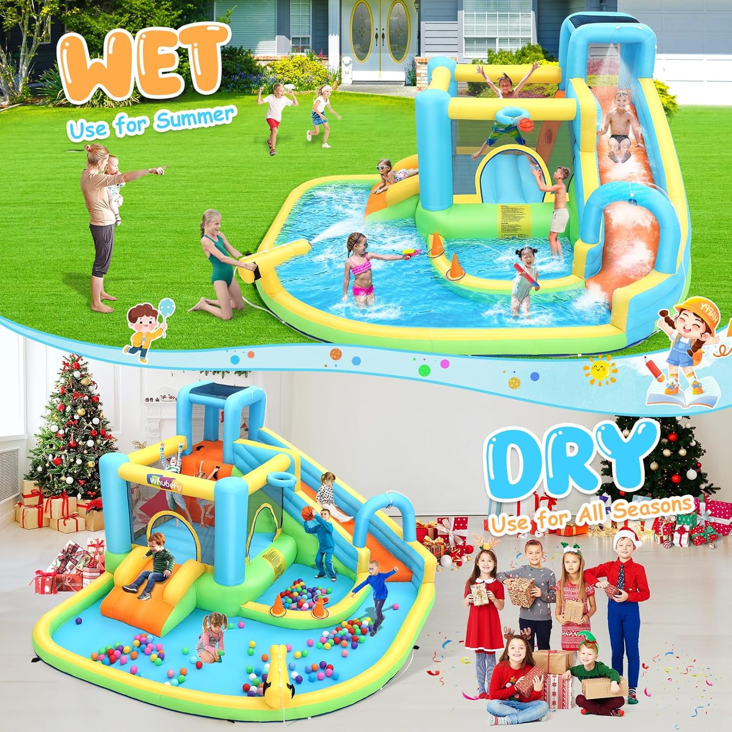 Veeboto Inflatable Water Slide for 3-12 Years, Bounce House with Climbing Wall, Ball Pool, Water Guns, Basketball Hoop, Hoop Game, Indoor/Outdoor Kids Bouncy Castle with Blower