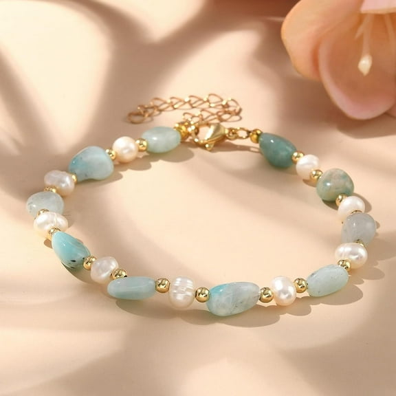 1 pc Natural Amazonite Beaded Bracelets with Natural Pearl Beads Brass Beads and 304 Stainless Steel Lobster Claw Clasps 9-1/2 inch(24.2cm)