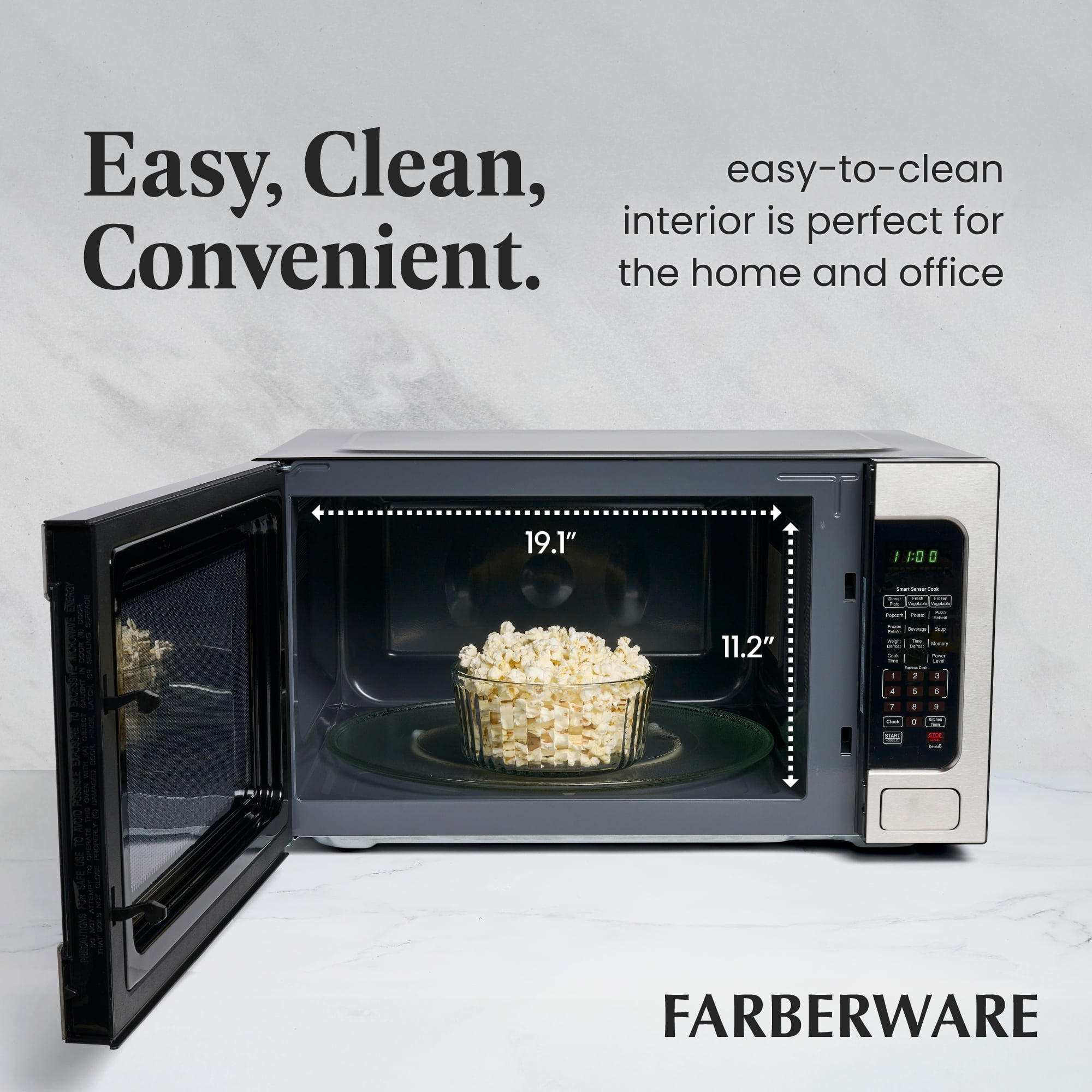 Farberware 2.2 cu ft Microwave Oven, 1100W Compact Microwave Oven with Smart Sensor, Stainless Steel