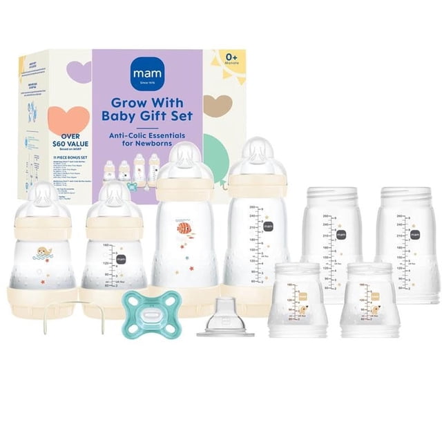 Set de Regalo MAM Blanco con Biberones Anti-Cólicos y Chupete para Bebé Unisex