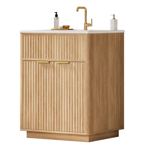 Papajet 24 inch Bathroom Vanity with Sink, Fluted Bathroom Vanity Cabinet, Oak, Curved Fluted Design, Soft-Close Doors, Ample Storage