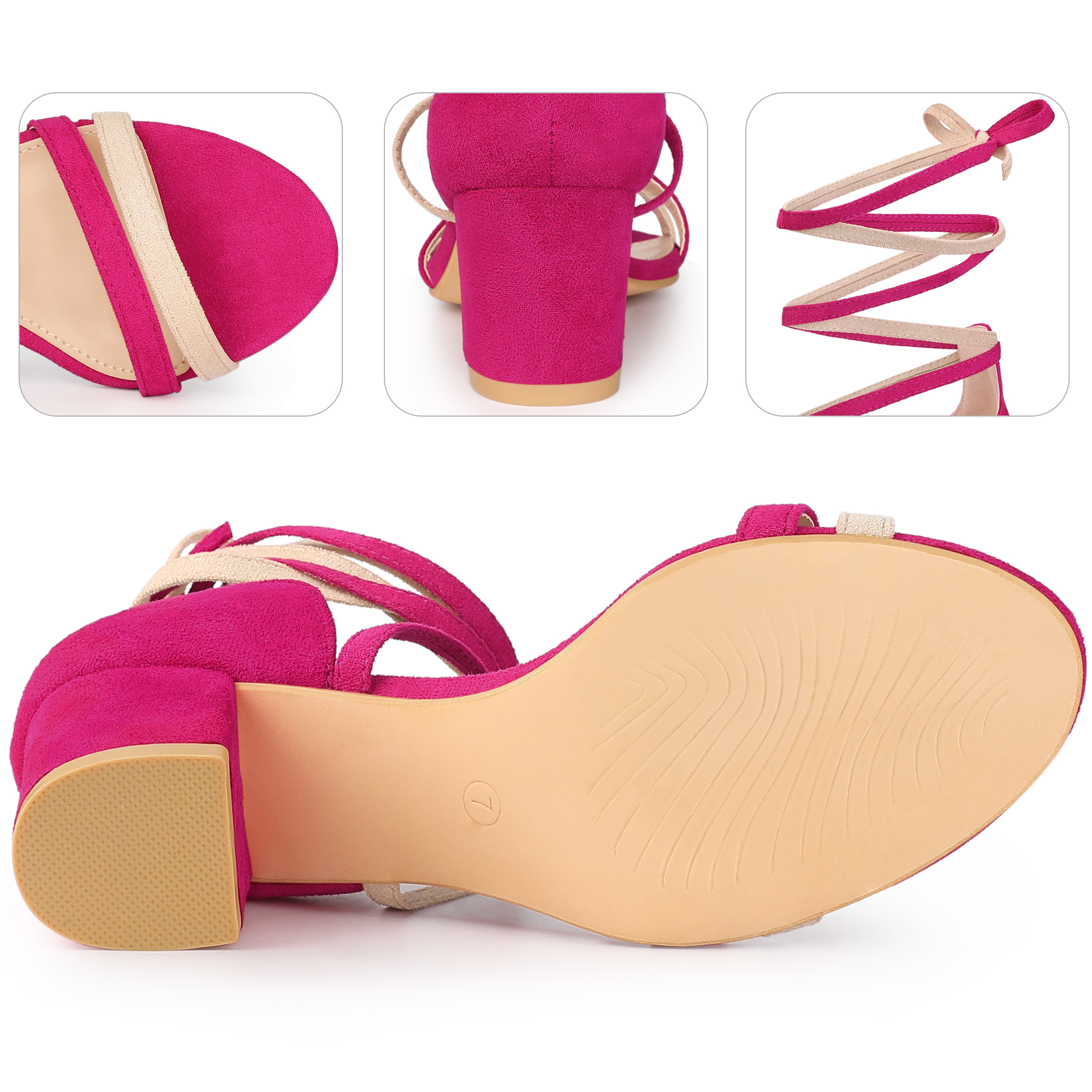 DARING DIVA Women's  Fashion Open Toe Lace Up Color Block Heel Sandals Hot Pink Beige 8.5