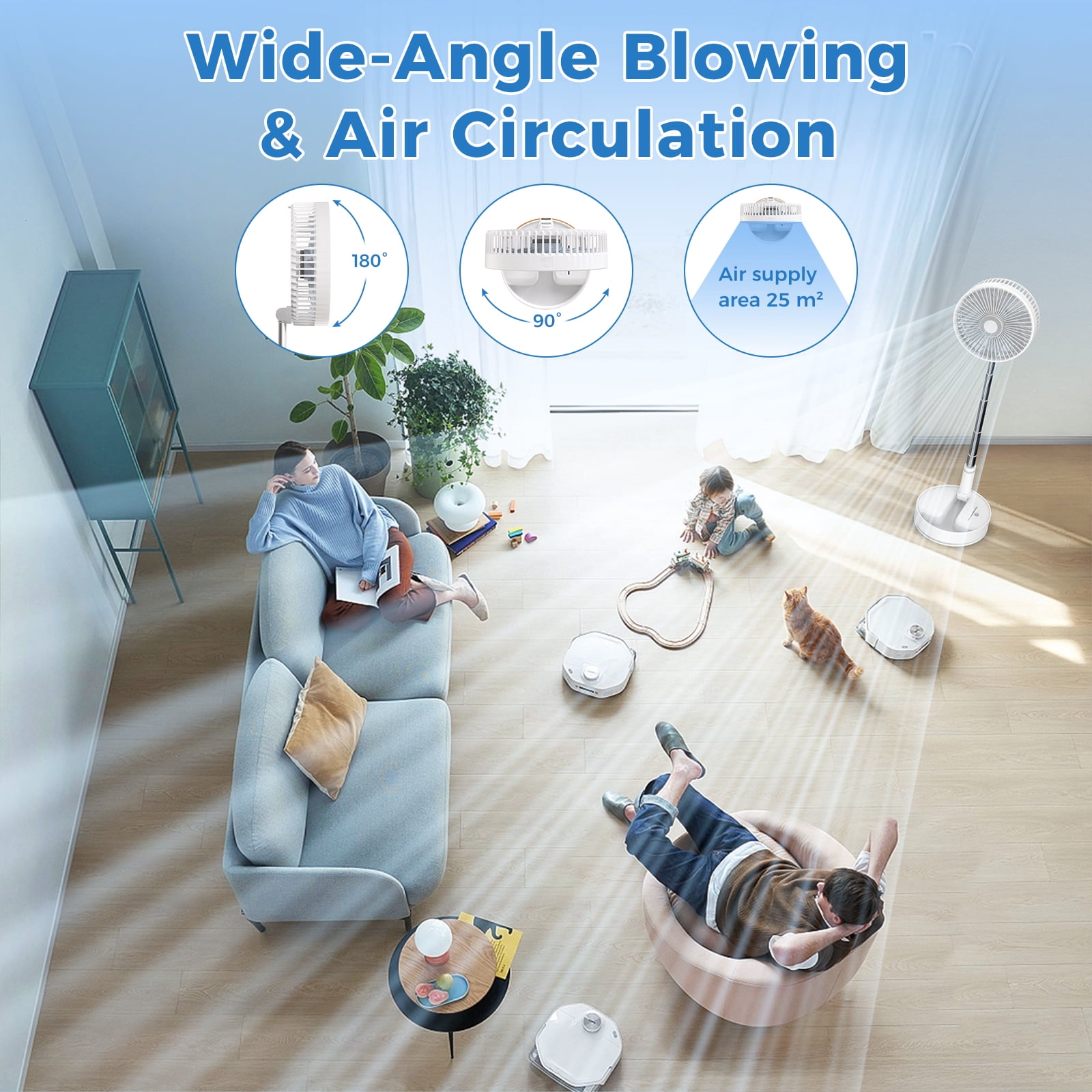 Rywell 8" Foldable Standing Fan with Remote, Battery Operated Oscillating Fan with 3 Height, 4 Speed, 7200mAh Rechargeable Pedestal Fan for Bedroom Office Camping Travel