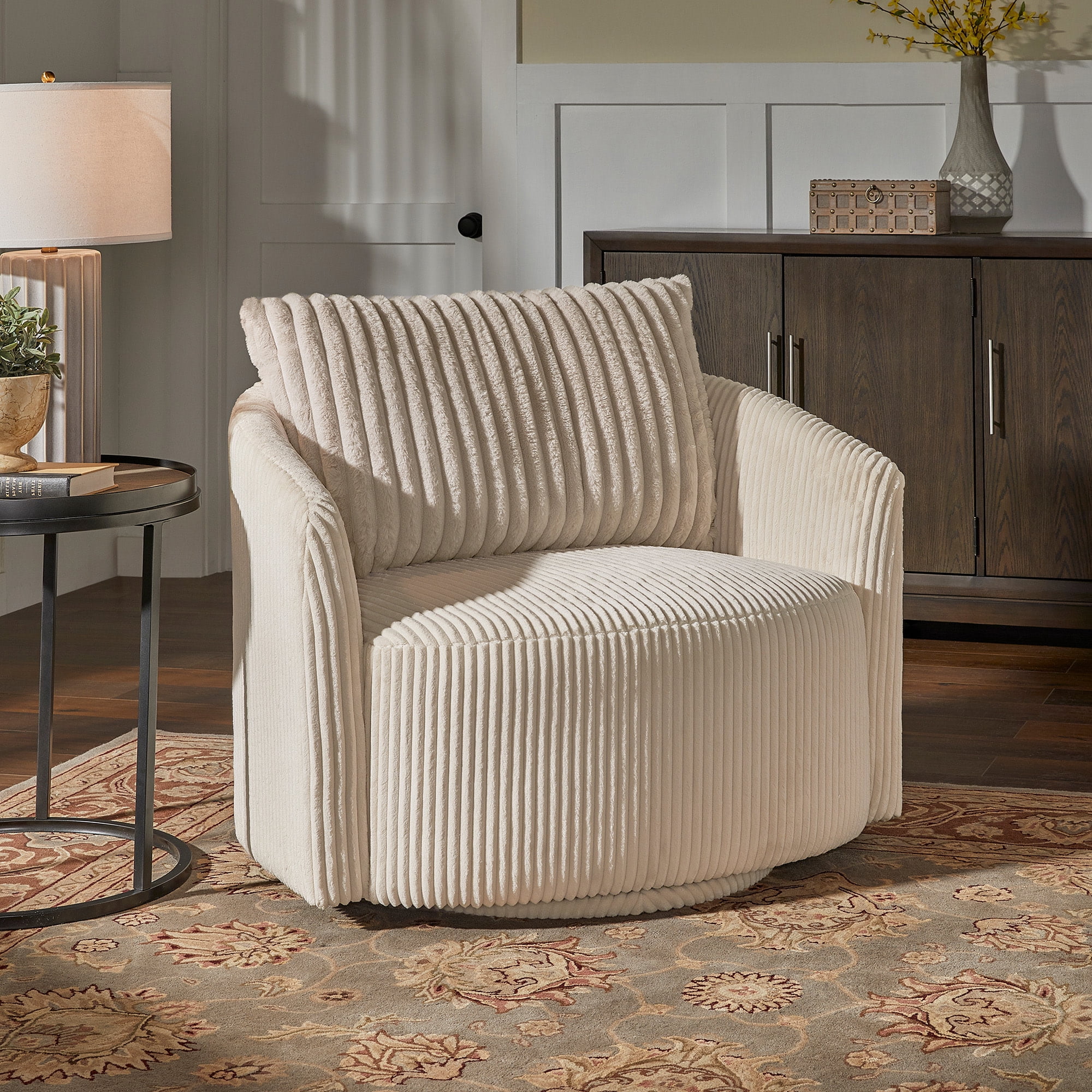 Weston Home Killarney Oversized Wale Corduroy Swivel Accent Chair with Furry Channel Pillow, Beige/Taupe Pillow