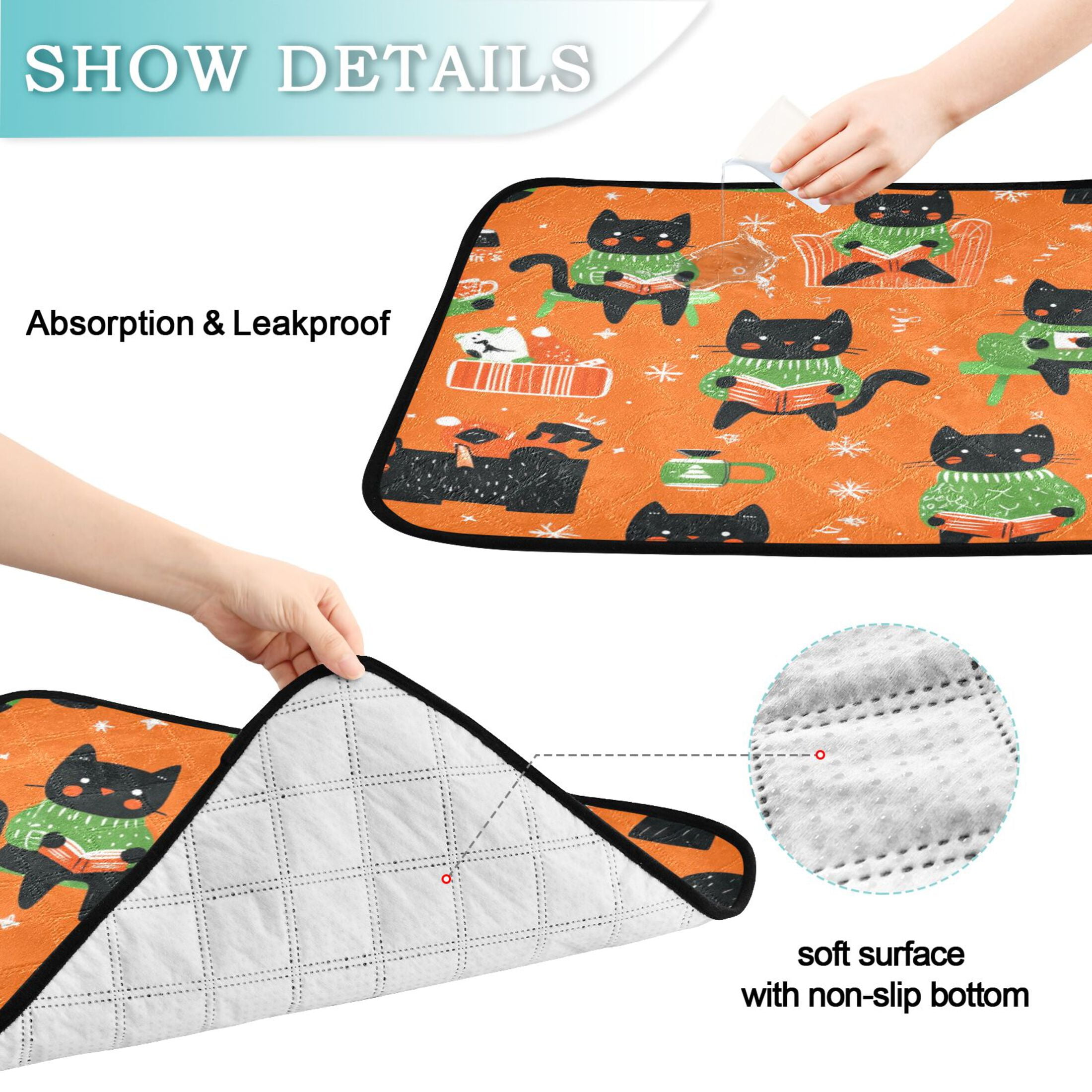 Washable Pet Pee Pads with Super Absorbent Reusable Training Pads for Dogs & Cats Cartoon Black Cats Pattern