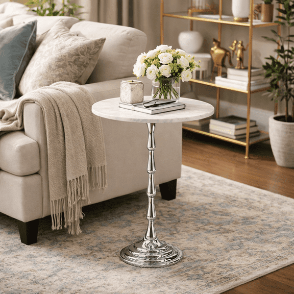 Silver Drink Table with White Marble Top | Decorative Modern End Table | Aluminum Base Side Table | Accent Table for Living Room | 10x10x26"