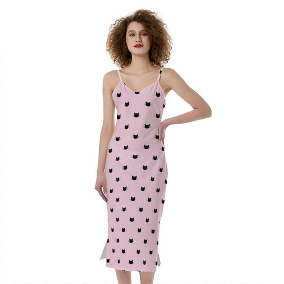 Black And Pink Cat Pattern Print Slim Fit Midi Cami Dress, Pet Cat Fashion Summer Maxi Sexy Casual Dress For Women
