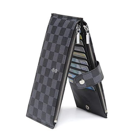 Daisy Rose Checkered Multi card Wallet Clutch - RFID Blocking Organizer Card Holder with zipper pockets -PU Vegan Leather