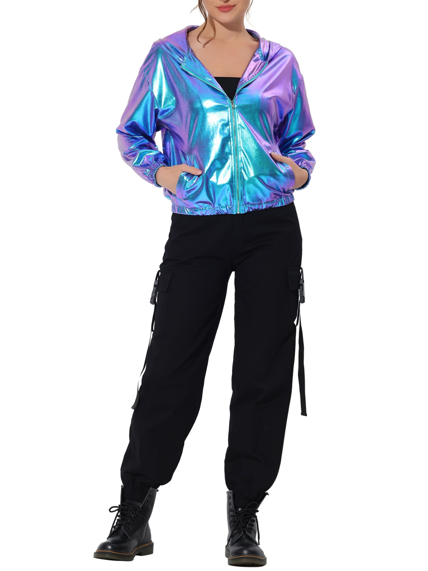 INSPIRE CHIC Women's Holographic Hooded Shiny Casual Long Sleeve Zipper Metallic Jacket XS Blue