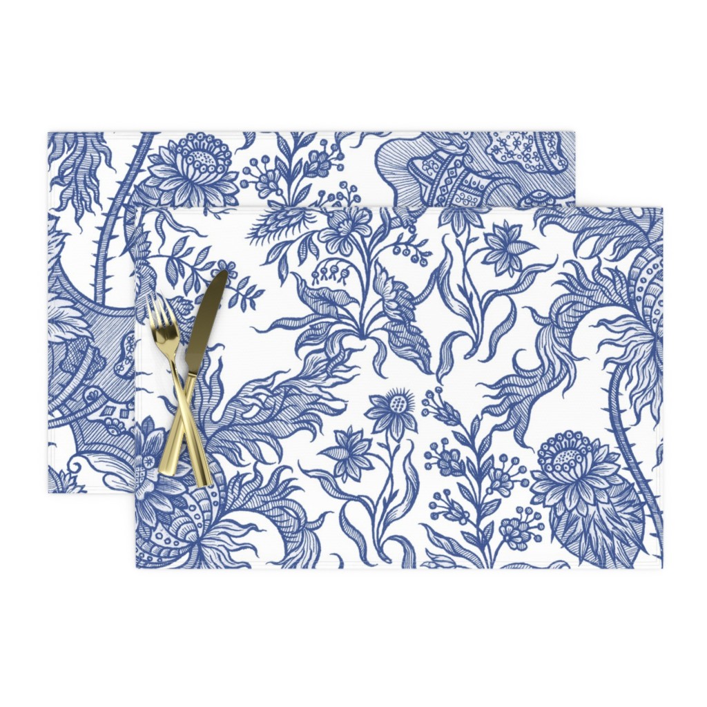 Cloth Placemats Chintz Floral Antique Blue And White Willow Ware Cobalt