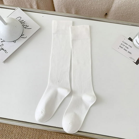 ERDOUY 3 Pairs Women’s All - Season Soft and Stretchable Solid - Knit Casual Cotton Knee - High Tube Socks，Stretch，Soft（White）