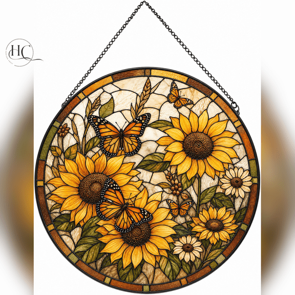 Glass Suncatcher Sunflower and Butterfly Stained Glass Window Hanging for Farmhouse Decor