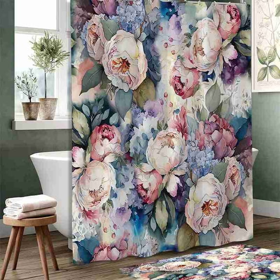 70x70 inch Watercolor Pink Purple and Blue Peony Floral Shower Curtain, Waterproof Polyester Fabric with Hooks for Bathroom Decor