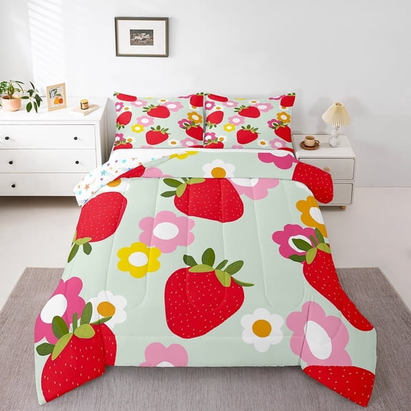 Erosebridal Kawaii Strawberry Bedding Sets Full with Comforter,Floral Flower Duvet Insert,Fruit Room Decorarive,Reversible,3pcs