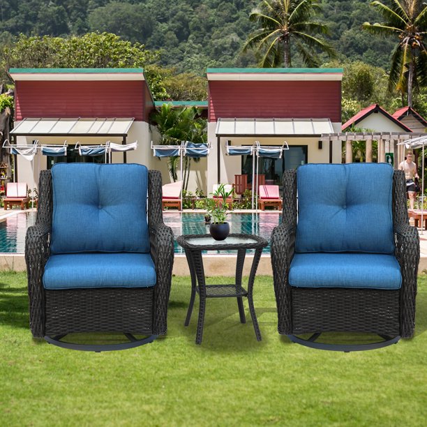 BIGTREE 3 Pieces Outdoor Wicker Swivel Rocker Chairs Cushioned Metal