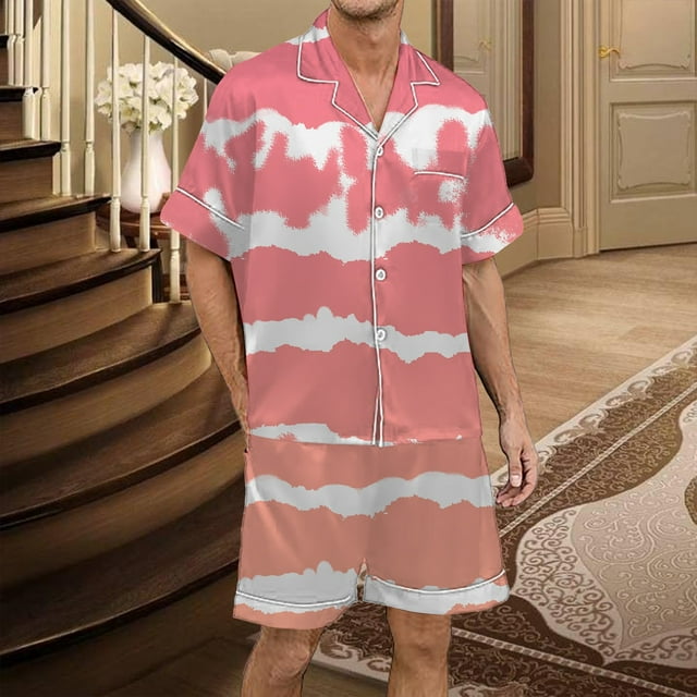 Men's Gradient Multicolored Printed Silk Satin Short Sleeved Button Up Pajamas Set for Comfortable Sleep and Relaxation