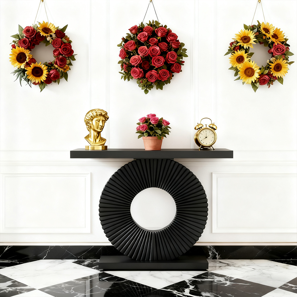 40-Inch Modern Console Table With Black Circular Flower Geometric Base, Wood Narrow Sofa Table, 180LBS Capacity Contemporary Accent Entryway Table For Living Room, Hallway, Behind Couch