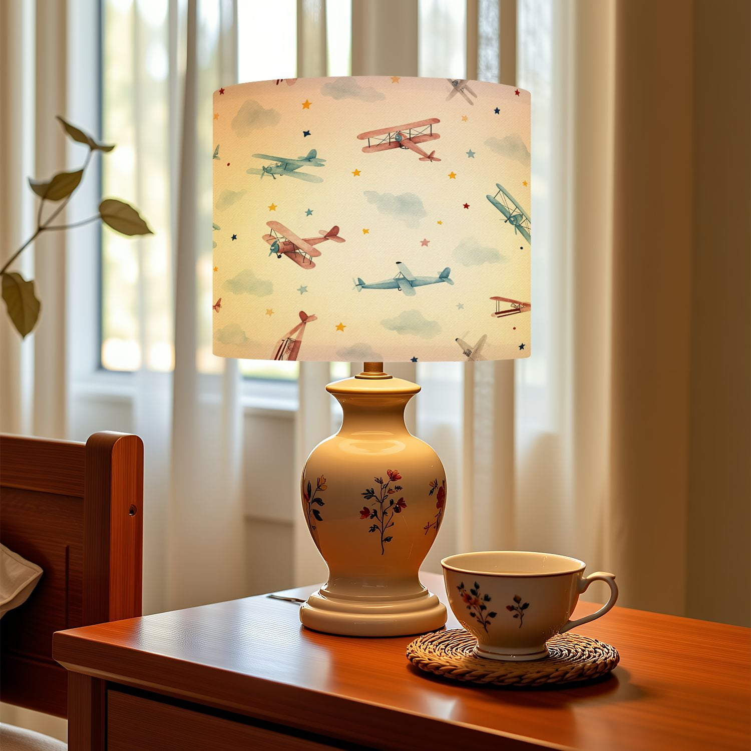 Boho Linen Drum Lampshades Cute kids watercolor for boy balloon airplanes 13"x13"x10" Light Shade for Table Lamps Floor Lamp Shades Lampshade Replacement Assembly Required