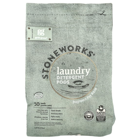 Grab Green Stoneworks Natural, Eco-Friendly Detergent Powder Pods, Fragrance-Free, 50 Loads