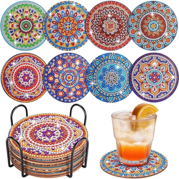 Diamond Painting Coasters with Holder,DIY Datura Flower Life Coaster Diamond Art Kits for Beginners, Adults Small Diamond Painting Kit Art Craft Supplies(8 Pcs )