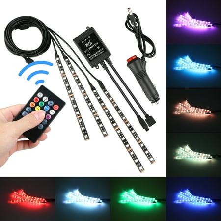 4-pack 8 Colors 12V RGB Car LED Neon Underglow Atmosphere Wireless Remote Control Light Kit Sound Active for Car Bumper Car