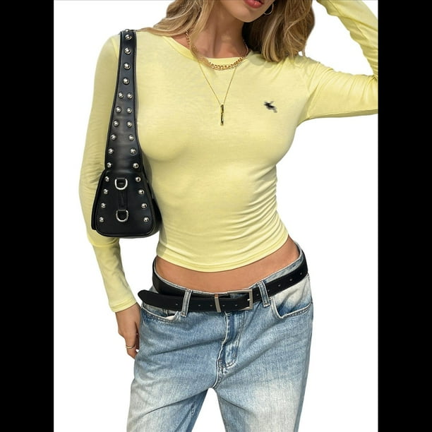 Camisetas de Larga para Mujer, Tops Cortos Básicos de Moda de Otoño, Conjuntos para Salir, Ropa Y2k Amarillo L