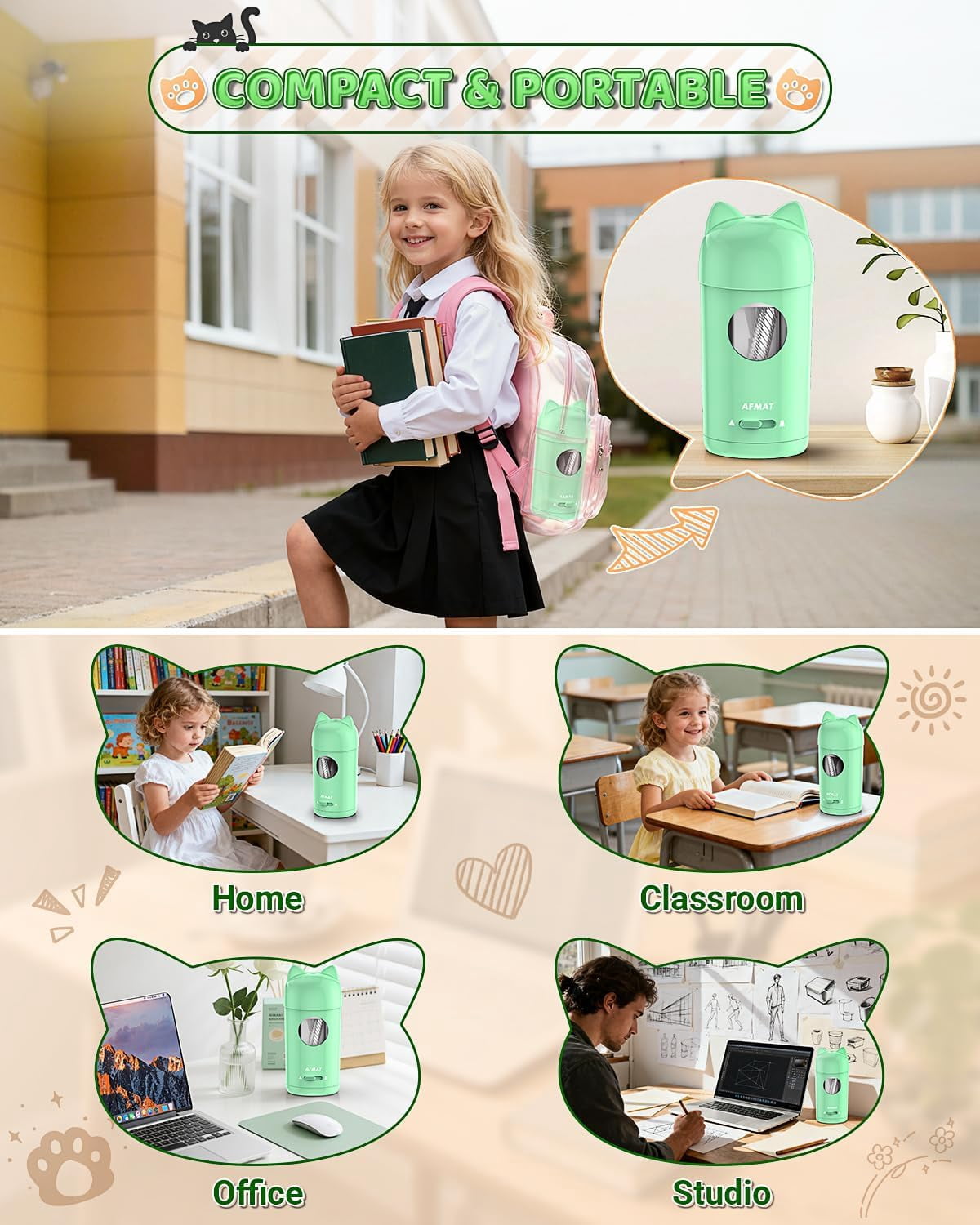 AFMAT Electric Pencil Sharpener, Fully Automatic Pencil Sharpener, Auto in & Out, for φ7-8mm No.2/Colored Pencils, Rechargeable & Cordless, Cute Cat Pencil Sharpeners for Classroom Home