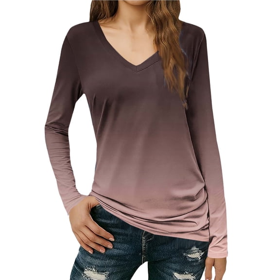 CHGBMOK Women's Gradient Shirts Long Sleeve V Neck Basic Tee Casual Summer Spring Tops Loose Fit Comfy Going Out Blouse