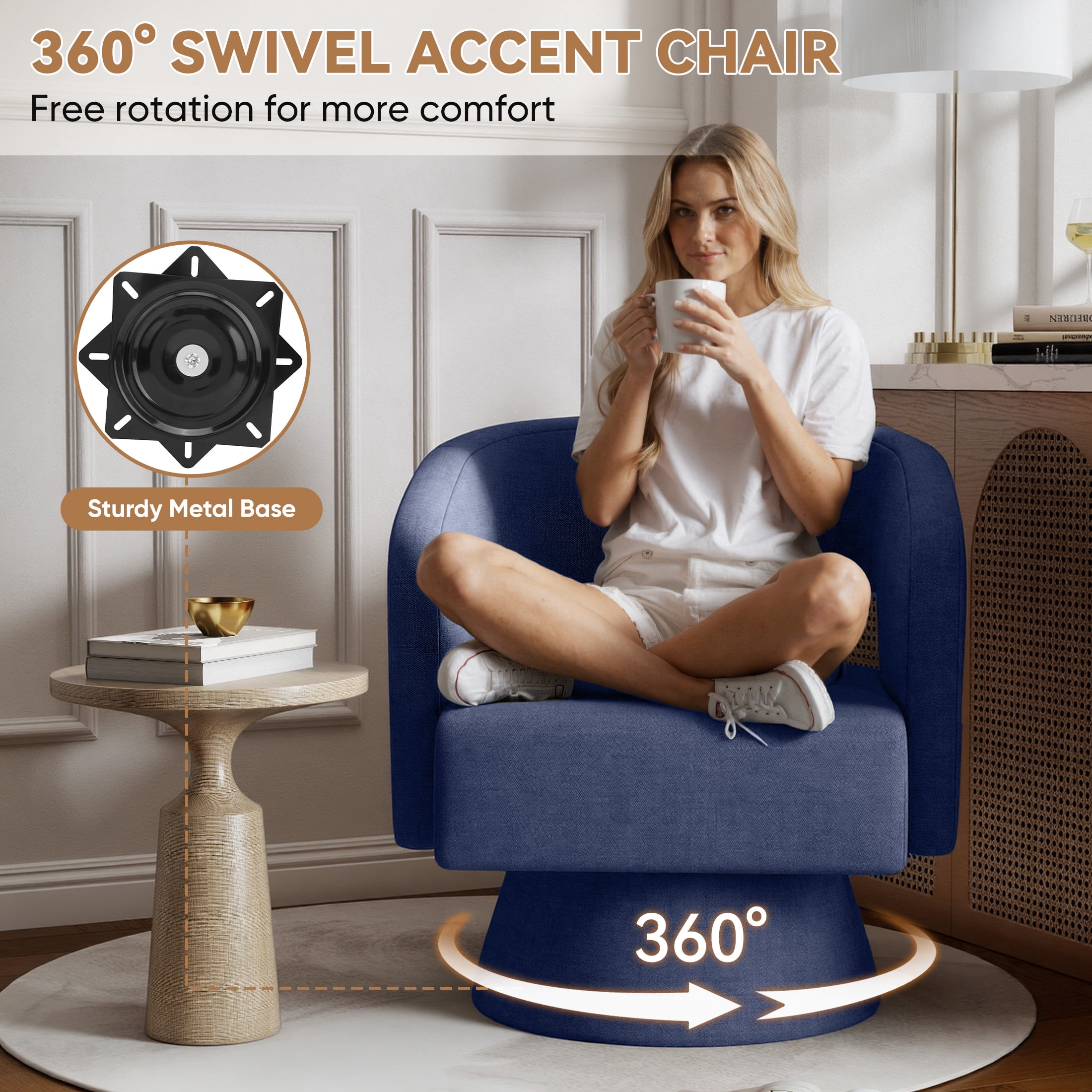 MOONMISS Oversized Chenille Swivel Barrel Accent Chair,Modern Comfy Round Arm Upholstered Armchair for Living Room,Blue