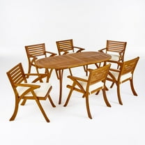 GDF Studio Zhana Outdoor Acacia Wood 7 Piece Dining Set with Cushion, Teak and Cream