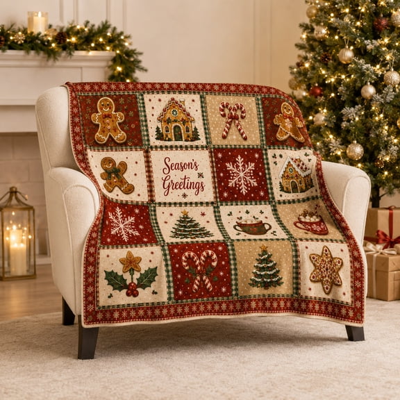 Christmas Gingerbread Throw Blanket, Holiday Patchwork Quilt with Candy Canes Snowflakes Gingerbread Man Design, Cozy Seasonal Sofa Bed Throw - Gingerbread Man Quilt
