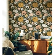 HAOKHOME Vintage Large Floral Peel and Stick Wallpaper Removable Daisy Leaf Black/Sand/Oliva Vinyl Self Adhesive Mural 17.7in x 9.8ft