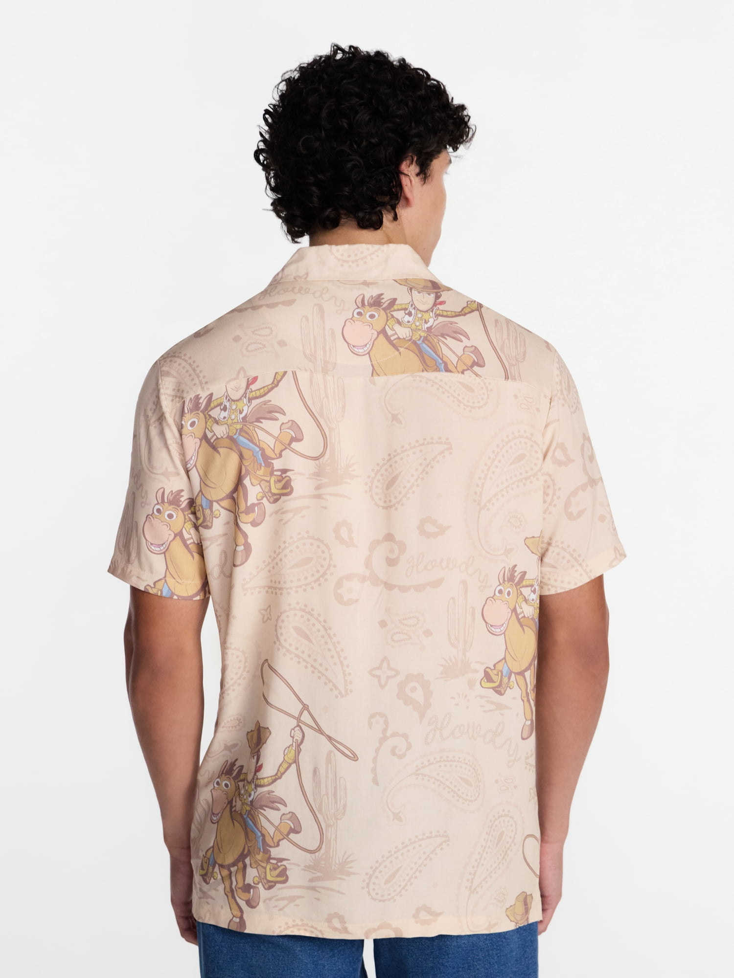 Disney Pixar Toy Story TS5 Men's and Big Men's Graphic Rayon Button Up Shirt, Woody and Bullseye, Sizes XS-5XL