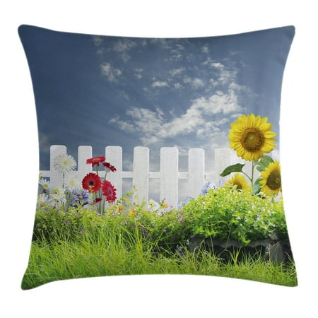 Farm House Decor Throw Pillow Cushion Cover, Grass Foliage Field with Sunflowers Daisy Hedge Fence Yard Jardin, Decorative Square Accent Pillow Case, 18 X 18 Inches, White Green Blue, by