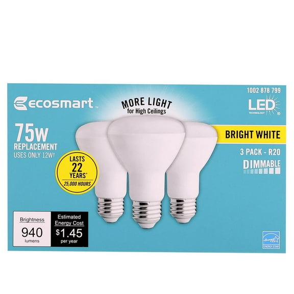 EcoSmart 75-Watt Equivalent BR20 Dimmable Energy Star LED Light Bulb Bright White (3-Pack)