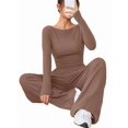 thumbnail image 3 of Women'S 2 Piece Matching Lounge Set Long Sleeve Boat Neck Top Wide Leg Pants Casual Sweatsuit Khaki XXL, 3 of 9