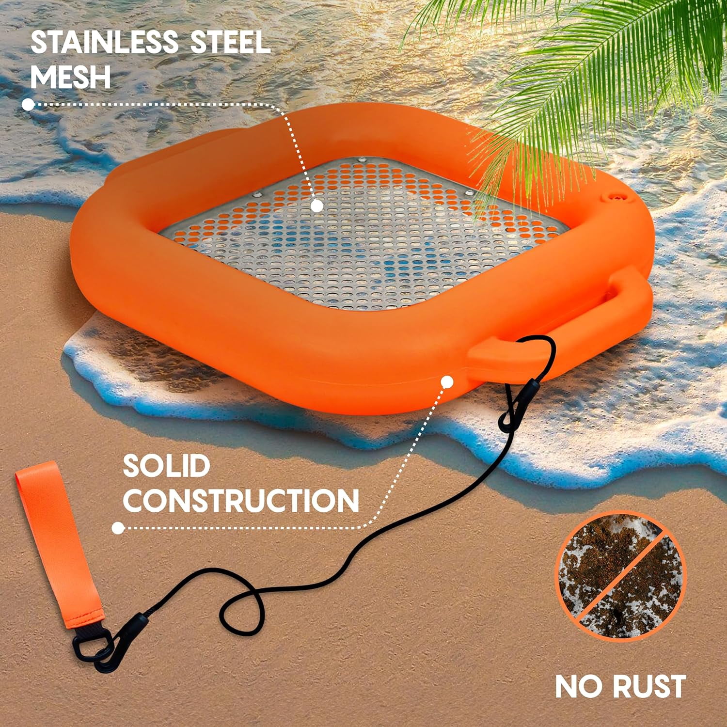 CKG Floating Shark Tooth Sifter for Fossil Hunting and Shark Teeth, Sand Sifter for The Beach with Stainless Steel Mesh & Durable Plastic and Wrist Strap, Orange Color