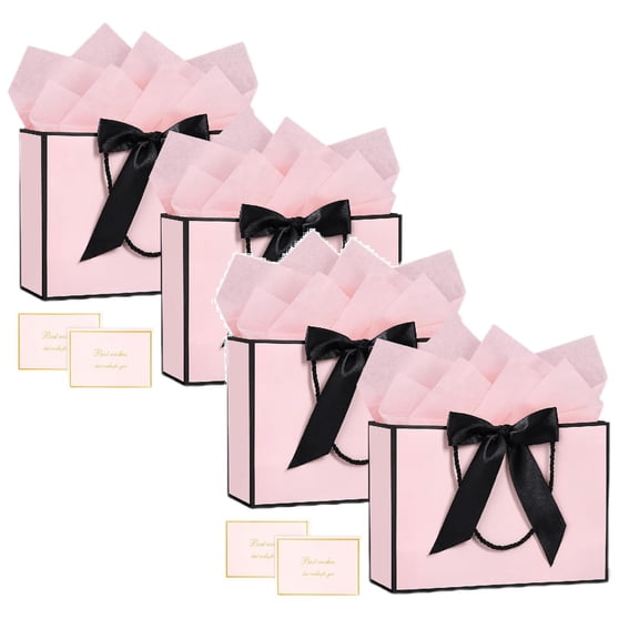 Gytml 4 Pack Paper Gift Bags With Satin Bow Ribbon, Reusable Gift Tote Bag With Twisted Handle, Medium Gift Packaging Bag For Wedding Birthday Holiday Presents(Pink-11.02")