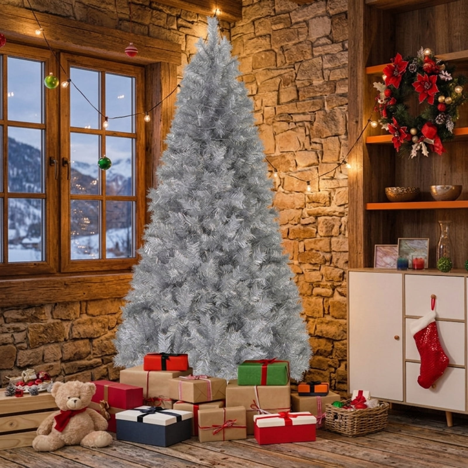 RUIE 7 ft Silver Christmas Tree, Tall Pre-Lit Artificial Tinsel Xmas Tree with 400 LED Lights and 807 Branch Tips for Living Room